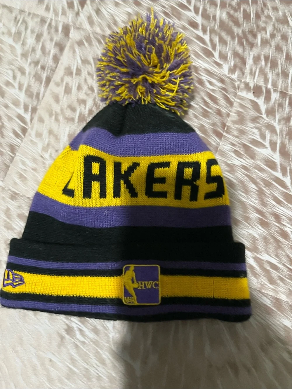 New Era Los Angeles Lakers Black Purple Yellow Pom Beanie